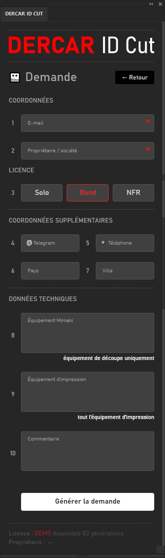 DERCAR ID Cut license request screen
